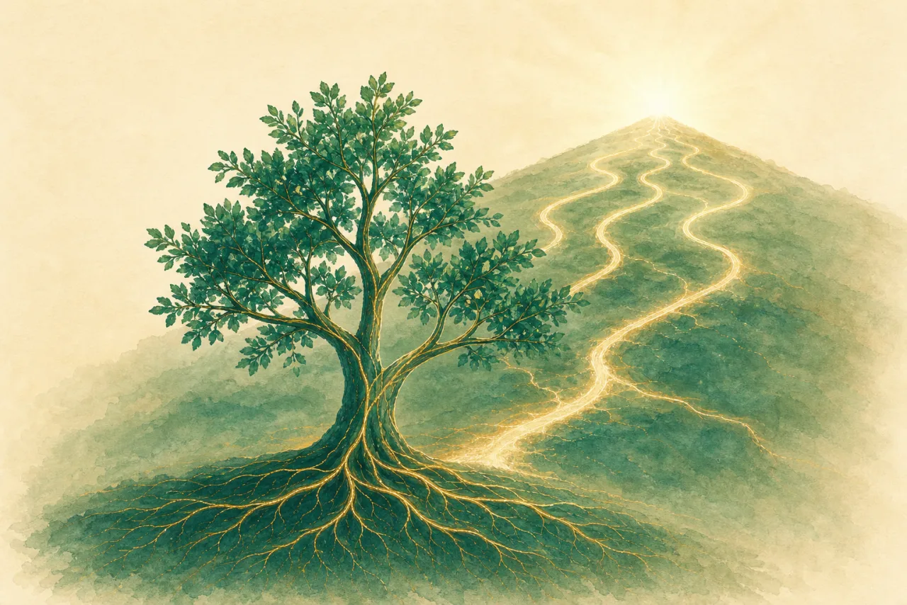 Watercolor illustration of a rooted tree with golden pathways branching toward a sunlit summit