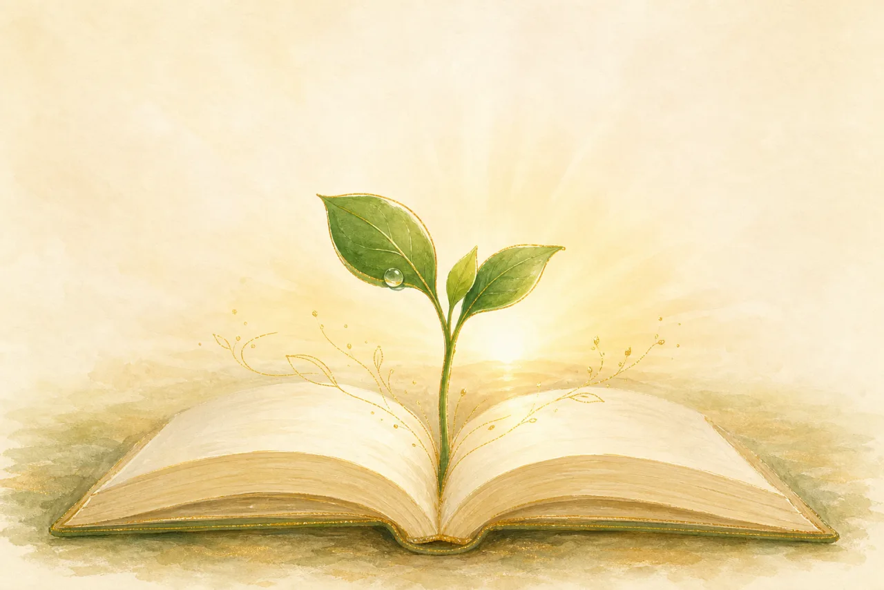 Watercolor illustration of a glowing seedling sprouting from an open book at sunrise